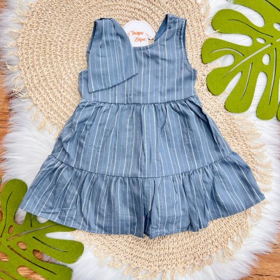 Vestido em Linho Listrado com Laço no Ombro - Azul Jeans